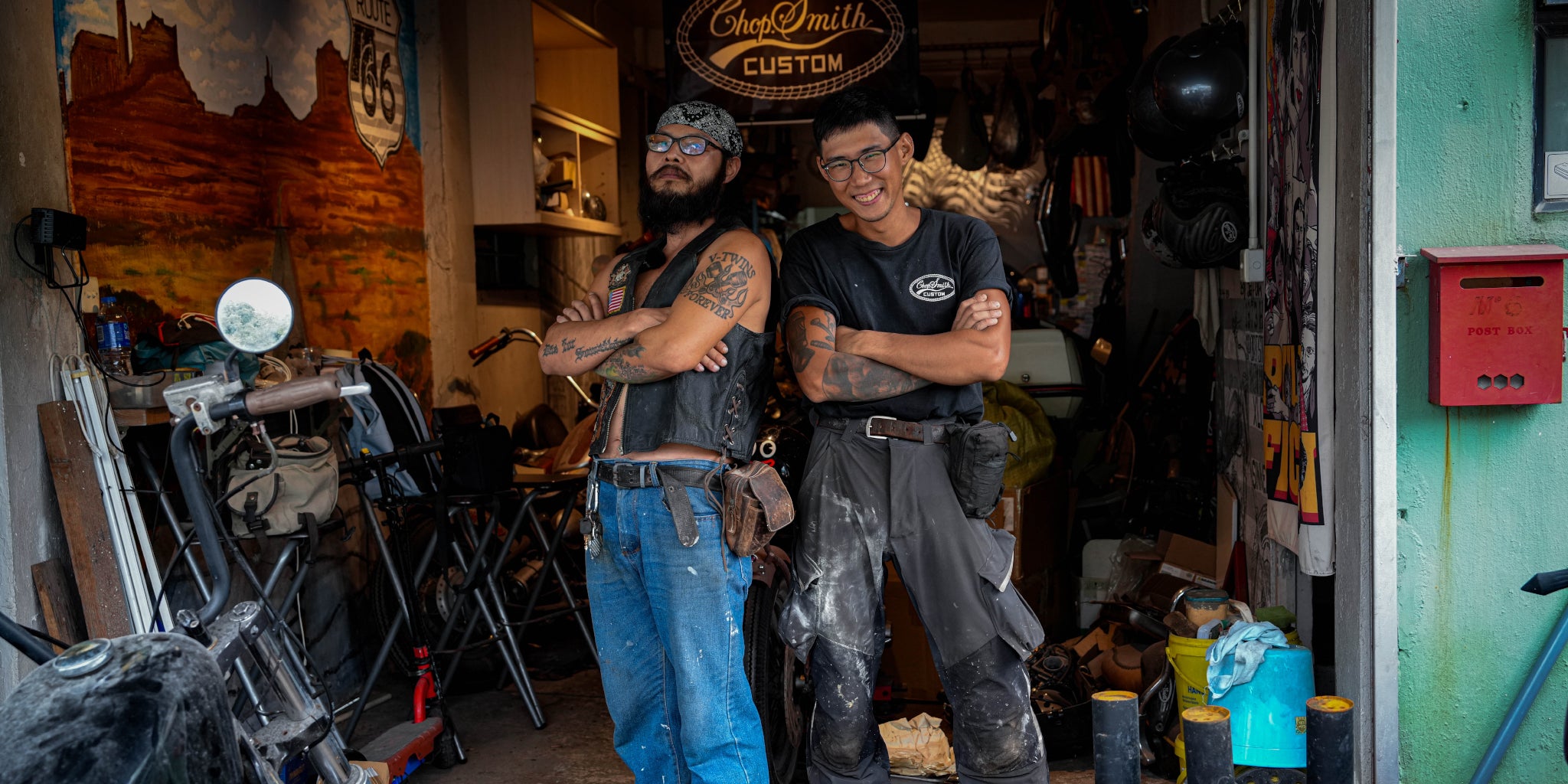 TMS.SITE home: Stone and Wuso, two Hong Kong workers and chopper enthusiasts, wearing TMS.SITE pants in their shop
